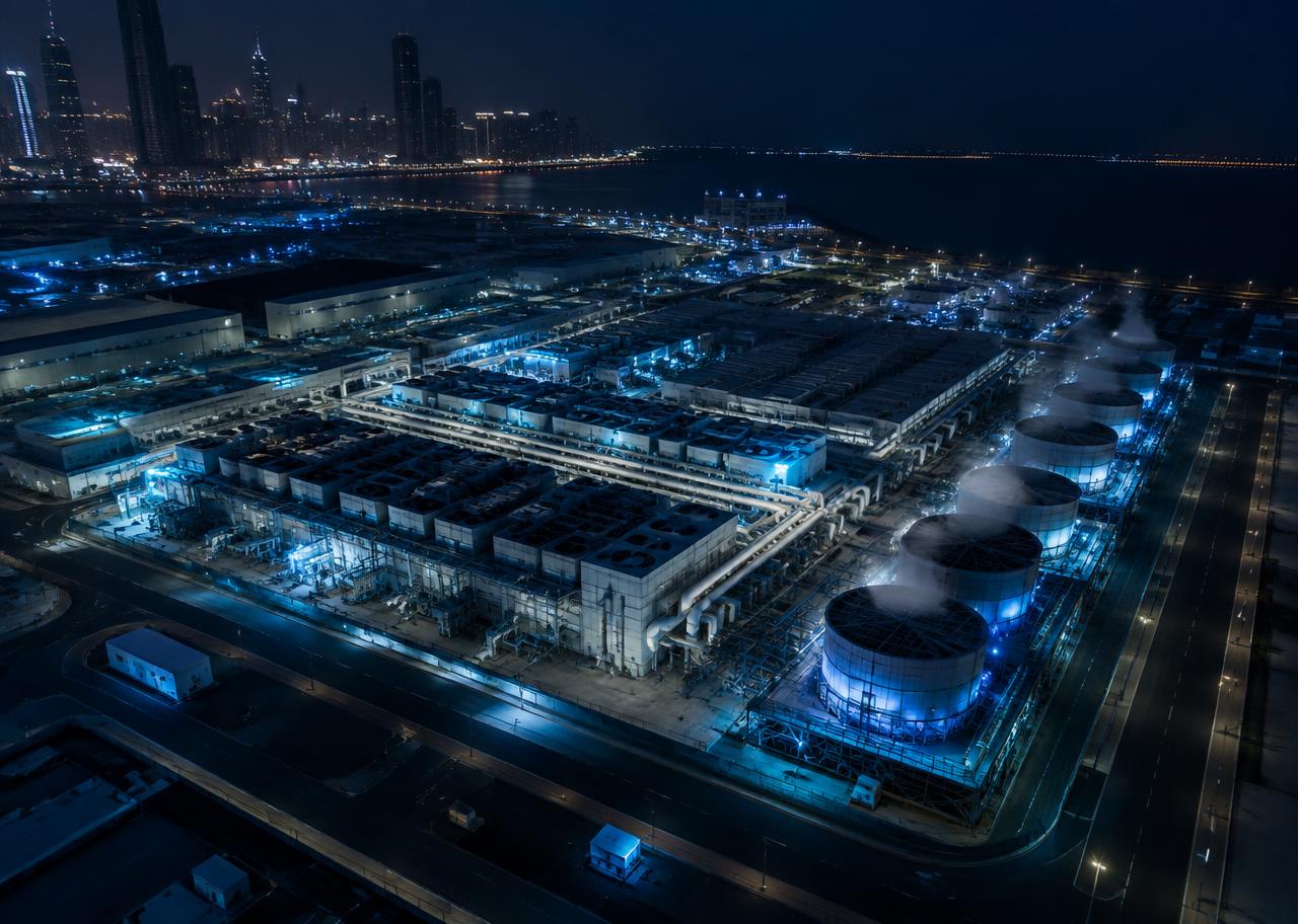 District cooling plant illuminated at night